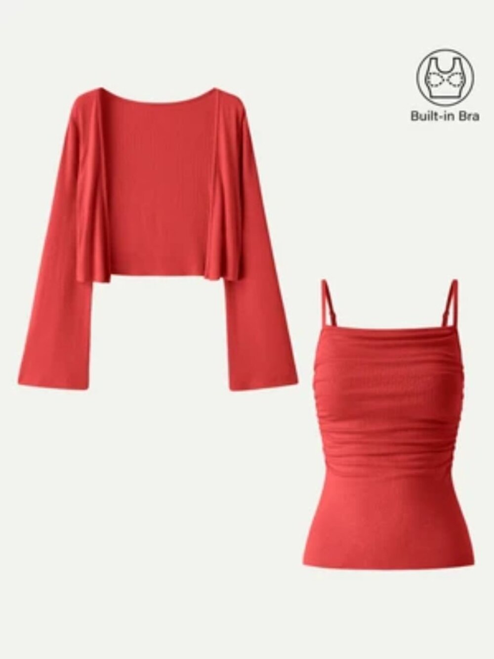 2Pcs Set Bell Sleeve Cardigan & Adjustable Spaghetti Bra Tank - Scarlet Red / 2X